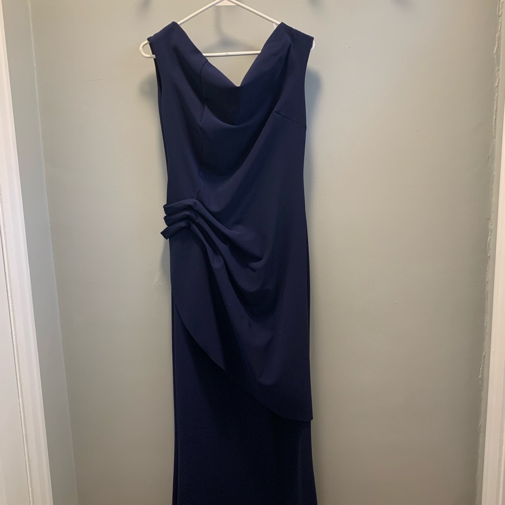 Navy ankle length formal dress. Gorgeous on. Flattering for curvy figure.